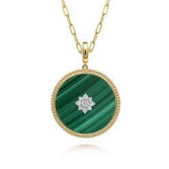 New Gabriel & Co. 14K Yellow Gold 32mm Bujukan Diamond Malachite Medallion Pendant With Detachable Bail