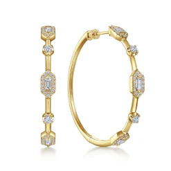 Outlet Gabriel & Co. 14K Yellow Gold 40mm Diamond Baguette and Round Station Classic Hoop Earrings