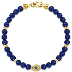 Hot Gabriel & Co. 14K Yellow Gold 6mm Lapis and Sapphire Beaded Bracelet with Evil eye
