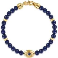 Gabriel & Co. 14K Yellow Gold 6mm Lapis and Sapphire Beaded Bracelet with Evil eye
