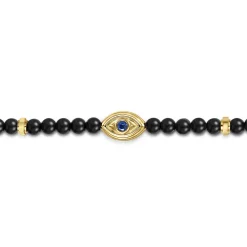 Gabriel & Co. 14K Yellow Gold 4mm Onyx and Sapphire Beaded Bracelet with Evil eye