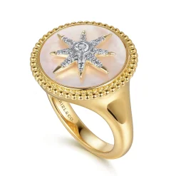 Outlet Gabriel & Co. 14K Yellow Gold Mother of Pearl Inlay and Diamond Starburst Signet Ring