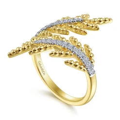 New Gabriel & Co. 14K Yellow Gold Olive Branch Bypass Ring with Diamonds