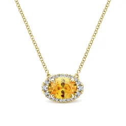 Gabriel & Co. 14K Yellow Gold Oval Citrine and Diamond Halo Pendant Necklace