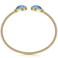 New Gabriel & Co. 14K Yellow Gold Rock Crystal Turquoise and Diamond Open Bujukan Bangle