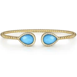 New Gabriel & Co. 14K Yellow Gold Rock Crystal Turquoise and Diamond Open Bujukan Bangle