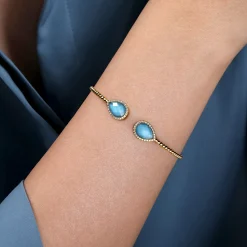 New Gabriel & Co. 14K Yellow Gold Rock Crystal Turquoise and Diamond Open Bujukan Bangle