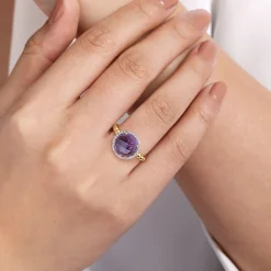 New Gabriel & Co. 14K Yellow Gold Round Amethyst and Diamond Halo Ring