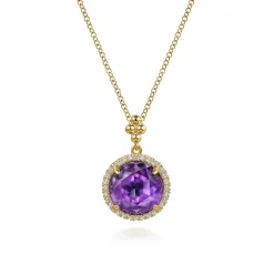 Sale Gabriel & Co. 14K Yellow Gold Round Amethysts with Diamond Halo Necklace