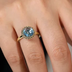Online Gabriel & Co. 14K Yellow Gold Round Blue Topaz Bezel Set Ring with Bujukan Bead Halo