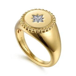 Clearance Gabriel & Co. 14K Yellow Gold Round Bujukan Signet Ring with Diamond Starburst