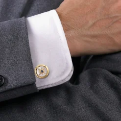 Best Gabriel & Co. 14K Yellow Gold Round Compass Cufflinks with Sapphire and White Mother of Pearl