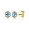 Sale Gabriel & Co. 14K Yellow Gold Round Cut Diamond Halo Swiss Blue Topaz Stud Earrings