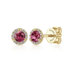 Clearance Gabriel & Co. 14K Yellow Gold Round Diamond Halo Pink Tourline Stud Earrings