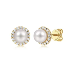 Outlet Gabriel & Co. 14K Yellow Gold Round Diamond Halo Pearl Stud Earrings