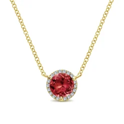 Best Gabriel & Co. 14K Yellow Gold Round Garnet and Diamond Halo Pendant Necklace
