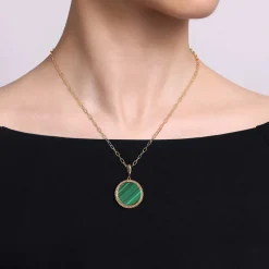 New Gabriel & Co. 14K Yellow Gold Round Malachite Inlay Pendant With Detachable Bail