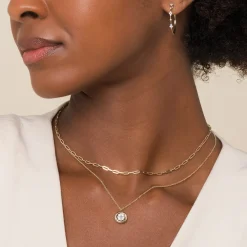 Best Gabriel & Co. 14K Yellow Gold Round Pave Diamond Floating Pendant Necklace with Wide Border