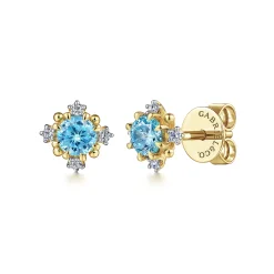 Outlet Gabriel & Co. 14K Yellow Gold Round Swiss Blue Topaz and Diamond Stud Earrings