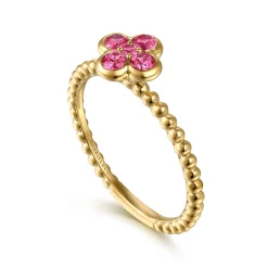 Discount Gabriel & Co. 14K Yellow Gold Ruby Cluster Clover and Bujukan Bead Stackable Ring