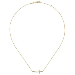 New Gabriel & Co. 14K Yellow Gold Sideways Curved Diamond Cross Necklace