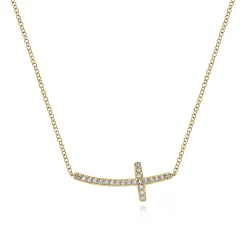 New Gabriel & Co. 14K Yellow Gold Sideways Curved Diamond Cross Necklace