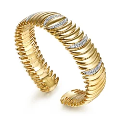 New Gabriel & Co. 14K Yellow Gold Stacked Crescent Cuff Bracelet with Pave Diamond Stations