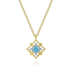 New Gabriel & Co. 14K Yellow Gold Swiss Blue Topaz and Diamond Floral Pendant Necklace