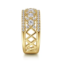 Discount Gabriel & Co. 14K Yellow Gold Three Row Diamond Wide Band Ring