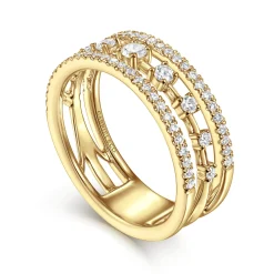 Sale Gabriel & Co. 14K Yellow Gold Three Row Diamond Station Ring