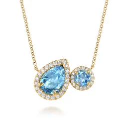 Hot Gabriel & Co. 14K Yellow Gold Toi et Moi Blue Topaz and Diamond Halo Necklace