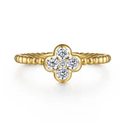 Gabriel & Co. 14K Yellow Gold White Sapphire Cluster Clover and Bujukan Bead Stackable Ring