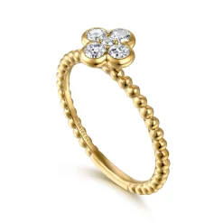 Gabriel & Co. 14K Yellow Gold White Sapphire Cluster Clover and Bujukan Bead Stackable Ring
