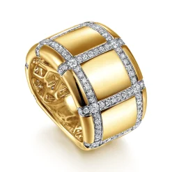 Best Gabriel & Co. 18K Yellow Gold Wide Band Ring with Checkered Diamond Pattern