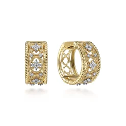 Gabriel & Co. 14K Yellow Gold Wide Twisted 15mm Intricate Diamond Huggies