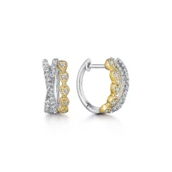 Sale Gabriel & Co. 14K Yellow-White Gold Criss Cross 10mm Diamond Huggies