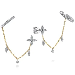 New Gabriel & Co. 14K Yellow-White Gold Diamond Ear Cuffs and Quatrefoil Chain Earrings with Drops