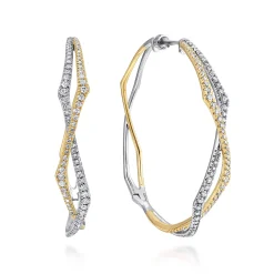 Clearance Gabriel & Co. 14K Yellow-White Gold 40mm Twisted Rope and Diamond Intricate Hoop Earrings