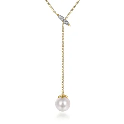 Best Gabriel & Co. Layered Y Necklace 14K Yellow Gold Diamond and Pearl 0.04ct