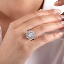 Discount Gabriel & Co. Lisette - 14K White Gold Fancy Halo Emerald Cut Diamond Engagement Ring