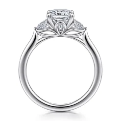 Clearance Gabriel & Co. Madison - 14K White Gold Cushion Cut Three Stone Lotus Diamond Engagement Ring