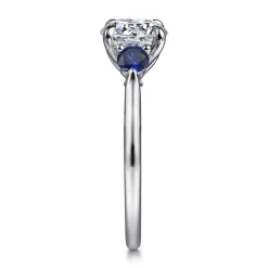 New Gabriel & Co. Madison - 14K White Gold Round Three Stone Lotus Sapphire and Diamond Engagement Ring