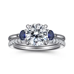 New Gabriel & Co. Madison - 14K White Gold Round Three Stone Lotus Sapphire and Diamond Engagement Ring