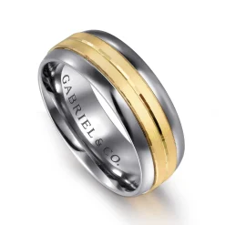 Clearance Gabriel & Co. Mens Alternative 8mm Beveled Tantalum and 14K Yellow Gold Band