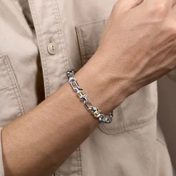 New Gabriel & Co. 7mm 925 Sterling Silver and 14K Yellow Gold Men's Solid Chain Bracelet Cylinder Spacer