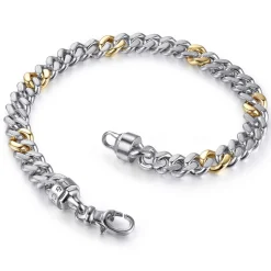 Gabriel & Co. 7mm 925 Sterling Silver and 14K Yellow Gold Men's Solid Cuban Link Chain with Diamond Cut Bracelet