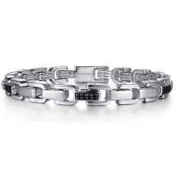 Clearance Gabriel & Co. 8mm 925 Sterling Silver Black Spinel Men's Cylindrical Mix Link Chain Bracelet