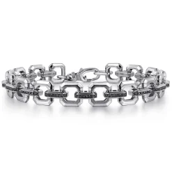 New Gabriel & Co. 10mm 925 Sterling Silver Men's Hollow Link Chain Bracelet With Black Spinel Connectors