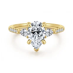 Clearance Gabriel & Co. Monty - 14K Yellow Gold Pear Shape Three Stone Lotus Diamond Engagement Ring