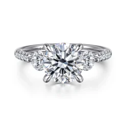 Best Gabriel & Co. Moon - 14K White Gold Round Three Stone Lotus Diamond Engagement Ring
